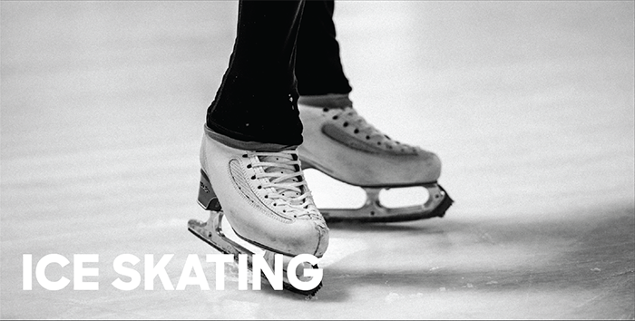 Disembodied legs ending in ice skates on the ice with text "Ice Skating"