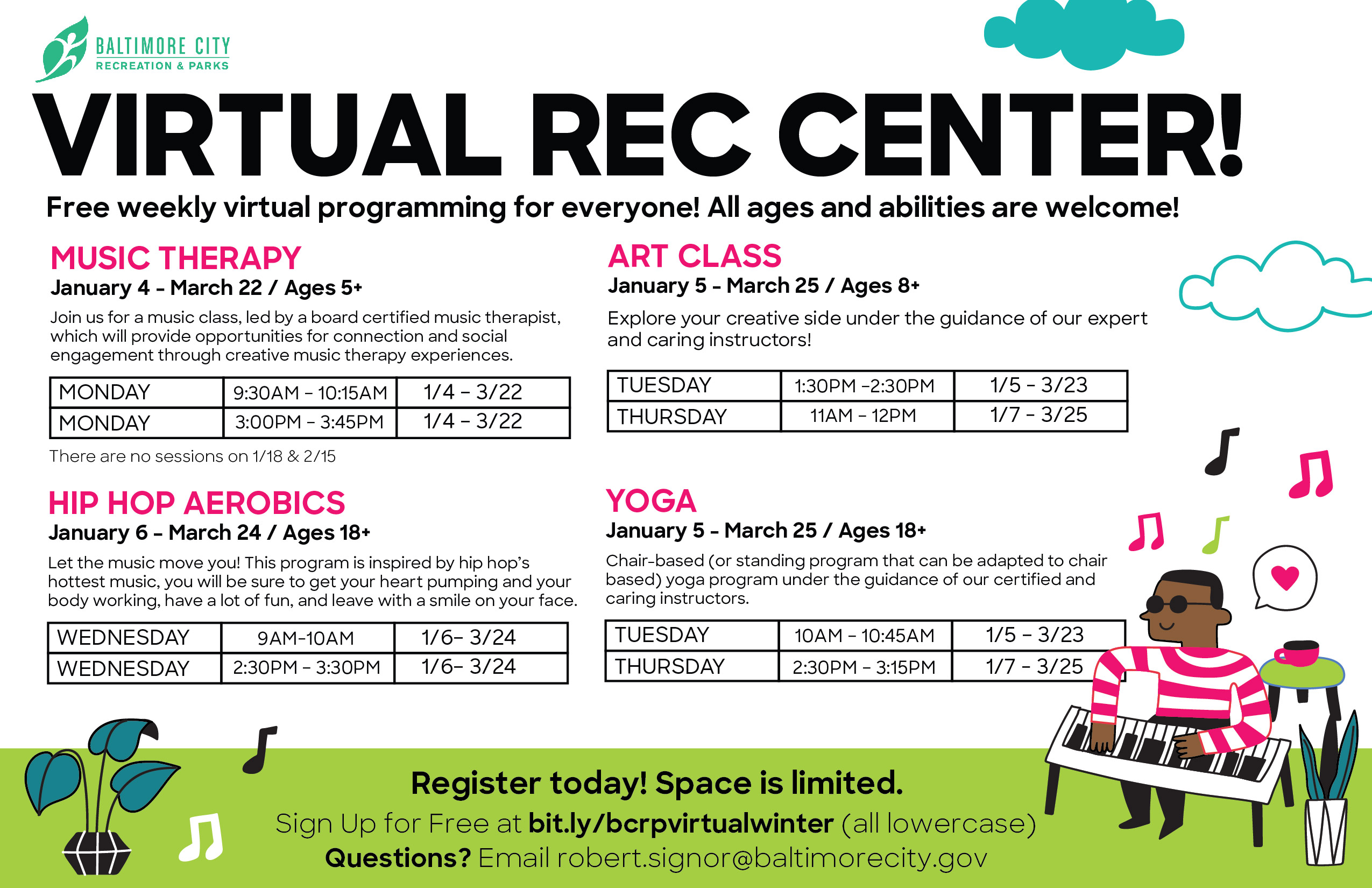 Virtual Recreation Schedule Dates and Times, locations.