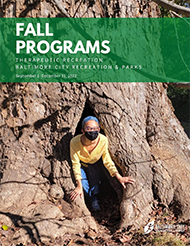 Fall programs catalog cover.  Shows a person standing in a hollowed out tree